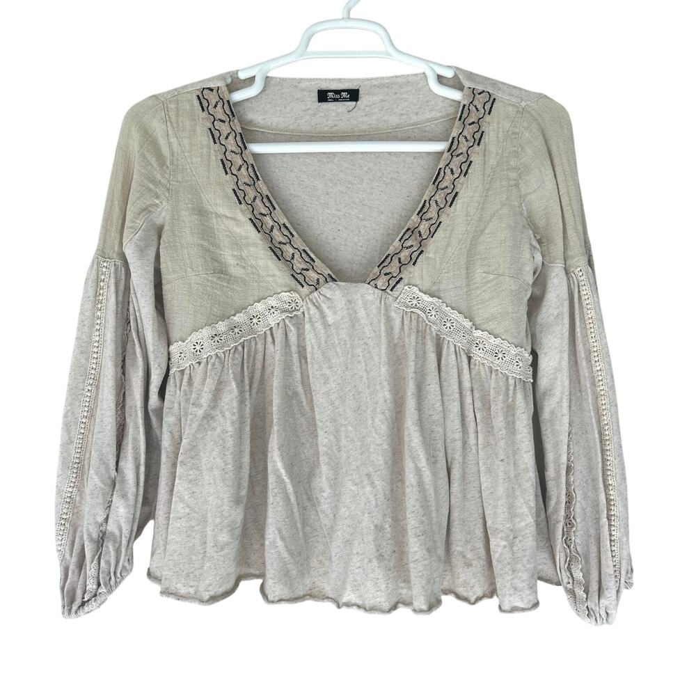 Miss Me Boho Peasant Top Beige Linen Blend Crochet Lace Babydoll Blouse hippie S